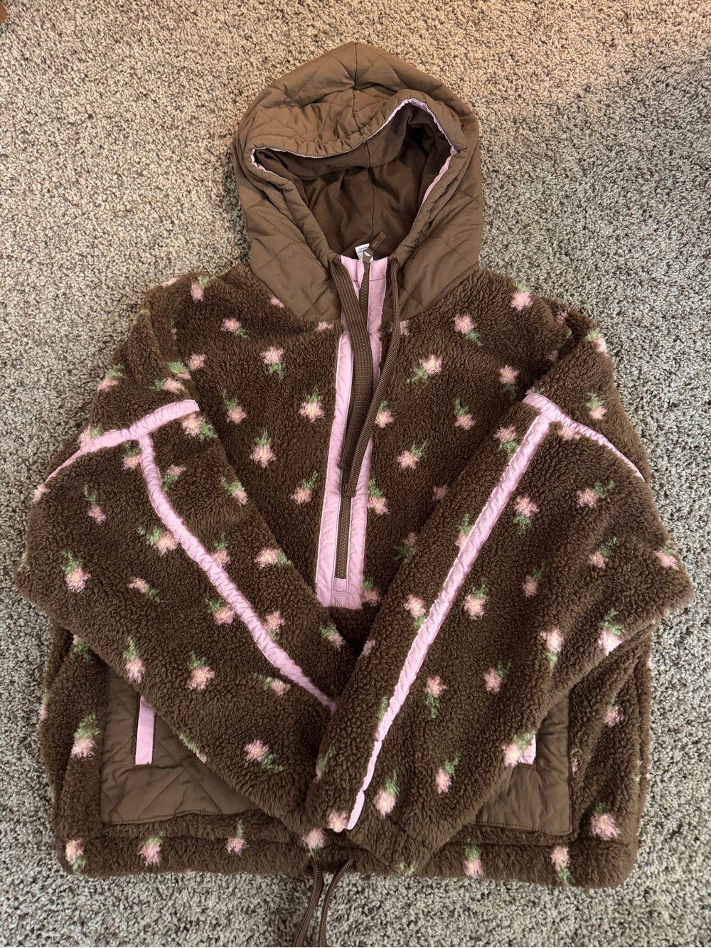 Floral Brown & Pink Sherpa Hooded Jacket